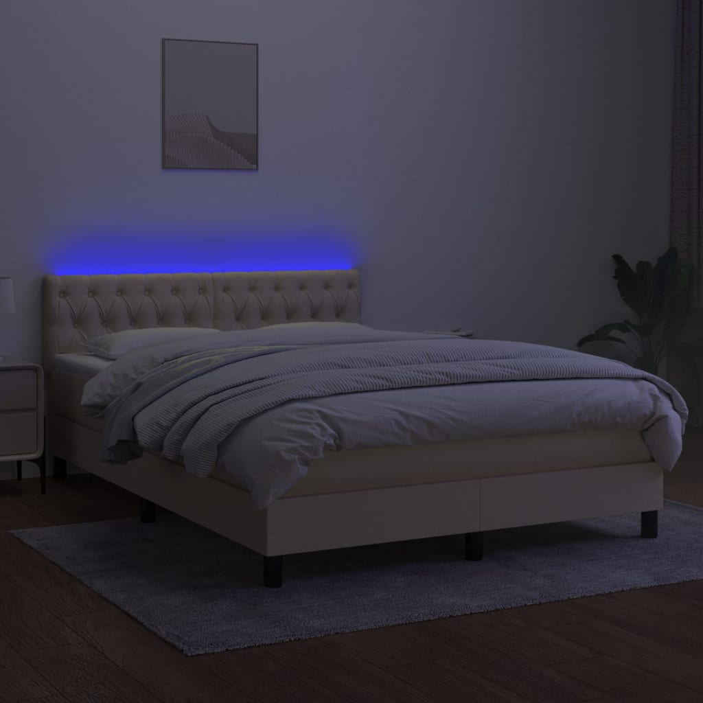 vidaXL Κρεβάτι Boxspring με Στρώμα & LED Κρεμ 140x200 εκ. Υφασμάτινο