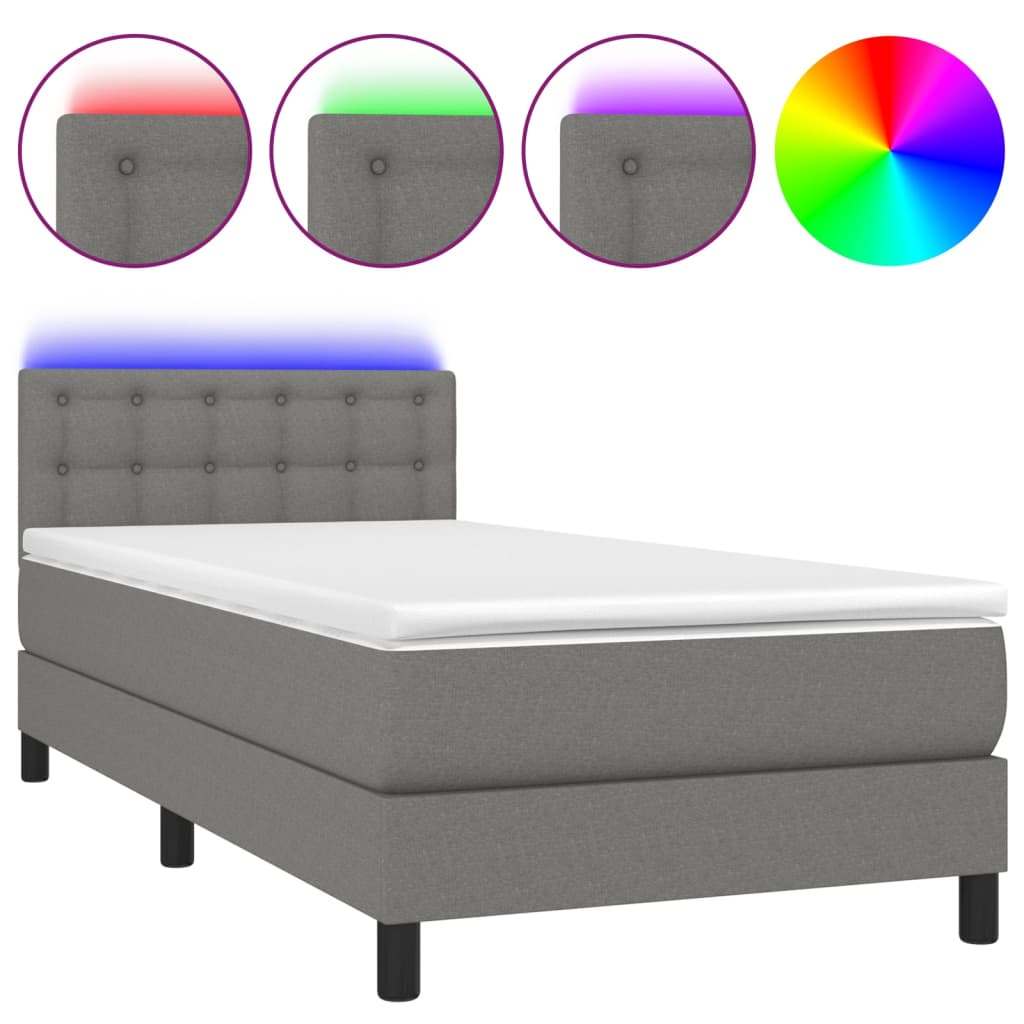 vidaXL Κρεβάτι Boxspring με Στρώμα & LED Σκ.Γκρι 90x200 εκ. Υφασμάτινο