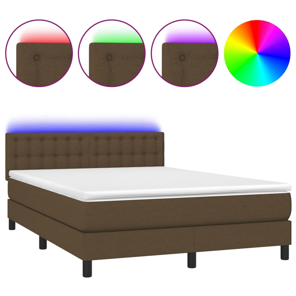 vidaXL Κρεβάτι Boxspring με Στρώμα & LED Σκ.Καφέ 140x190 εκ Υφασμάτινο