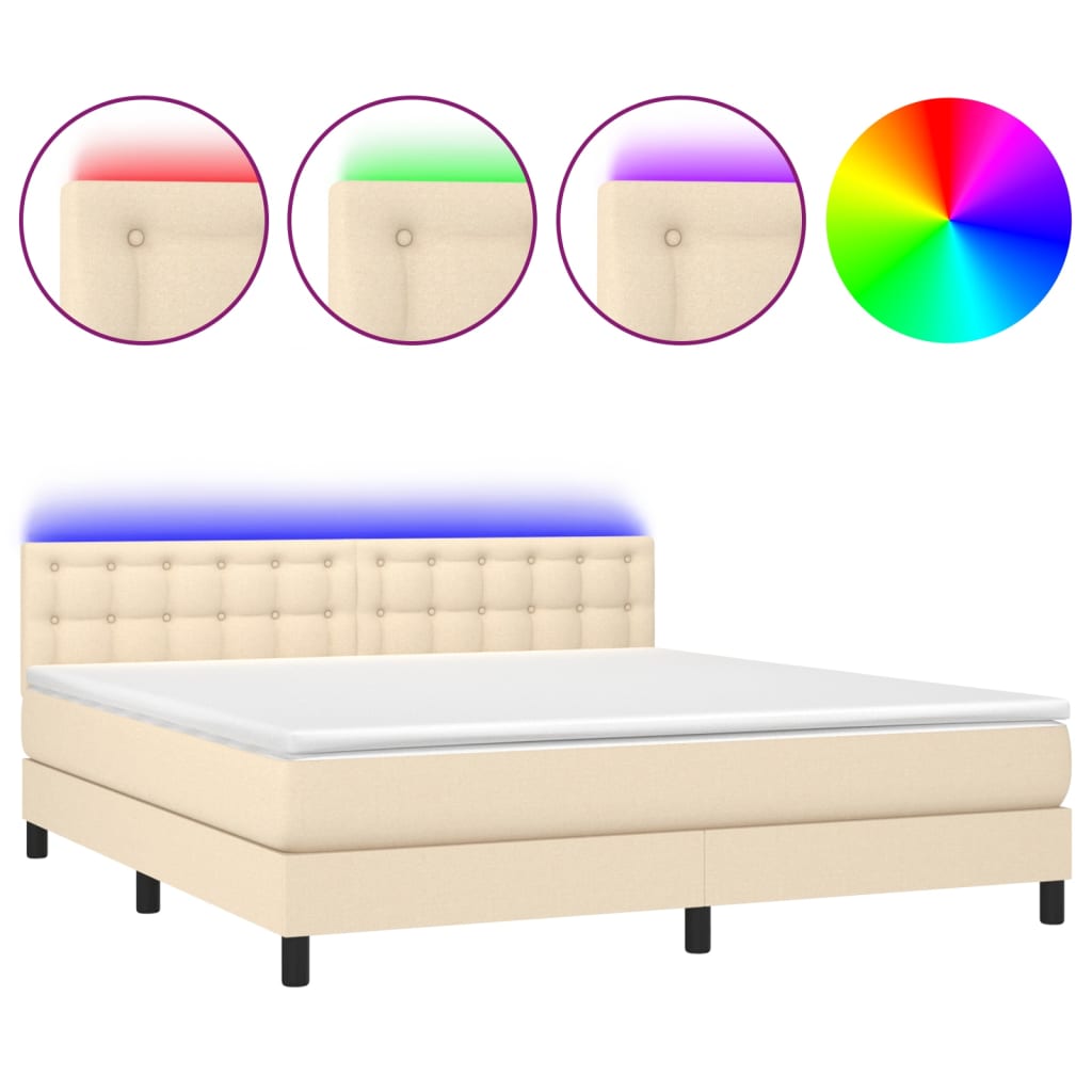 vidaXL Κρεβάτι Boxspring με Στρώμα & LED Κρεμ 180x200 εκ. Υφασμάτινο