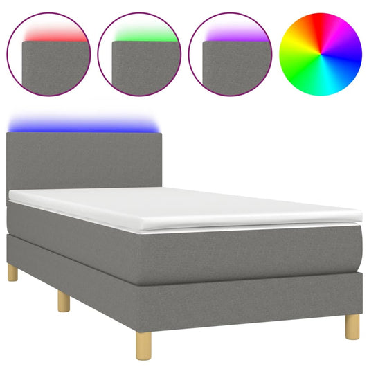 vidaXL Κρεβάτι Boxspring με Στρώμα & LED Σκ.Γκρι 80x200 εκ. Υφασμάτινο