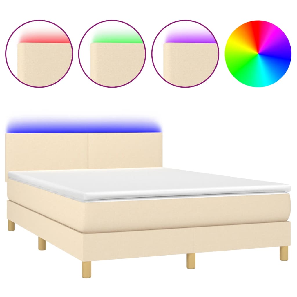 vidaXL Κρεβάτι Boxspring με Στρώμα & LED Κρεμ 140x190 εκ. Υφασμάτινο