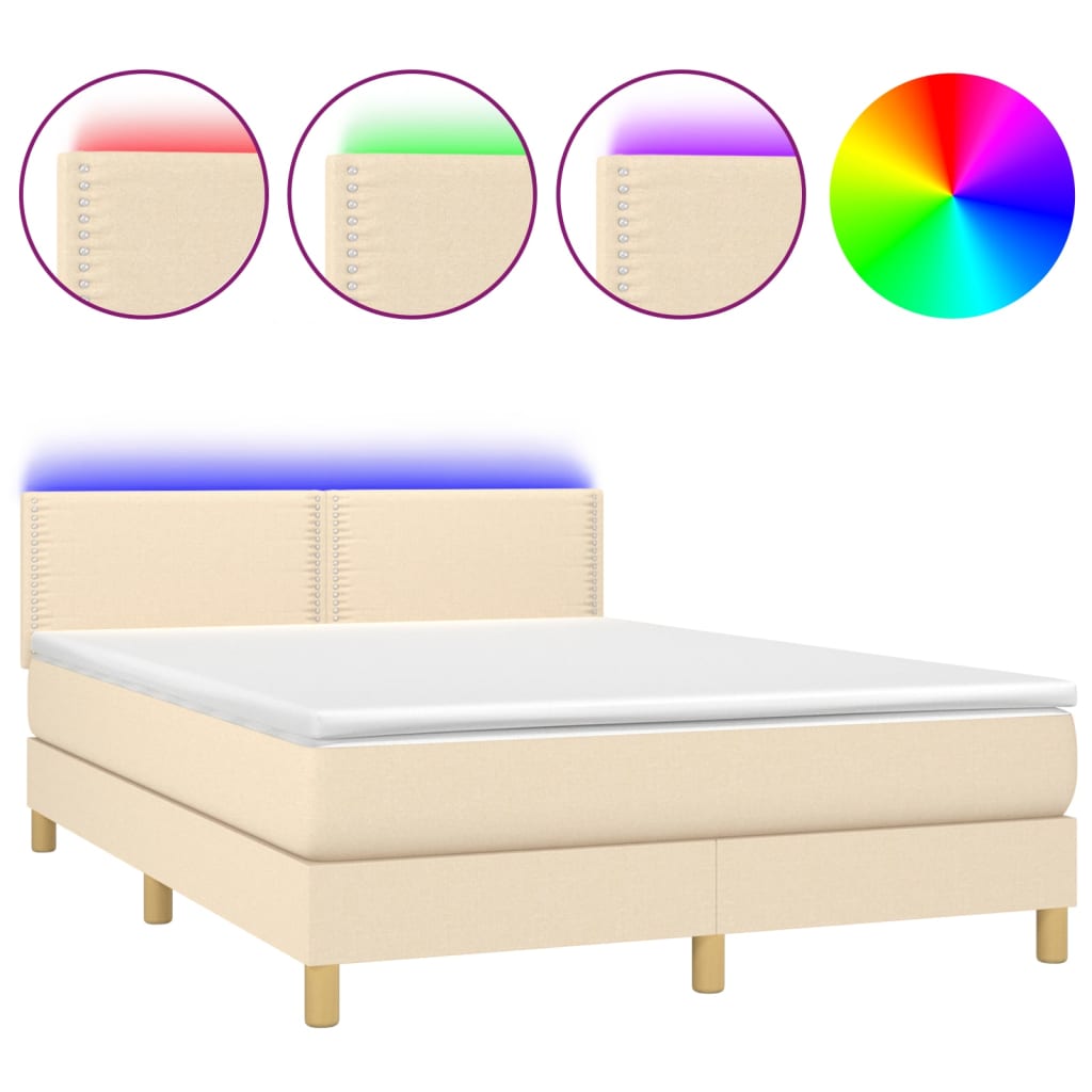 vidaXL Κρεβάτι Boxspring με Στρώμα & LED Κρεμ 140x200 εκ. Υφασμάτινο