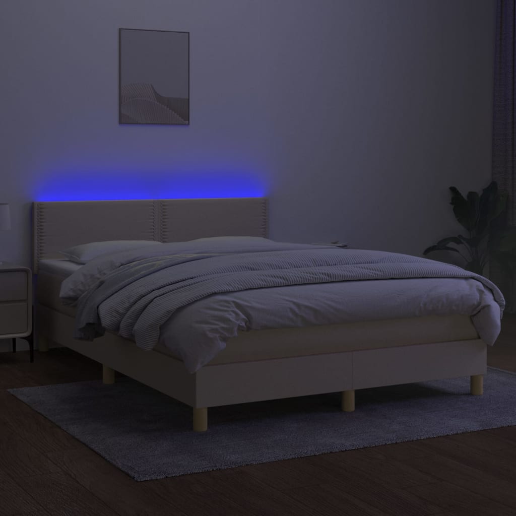 vidaXL Κρεβάτι Boxspring με Στρώμα & LED Κρεμ 140x200 εκ. Υφασμάτινο