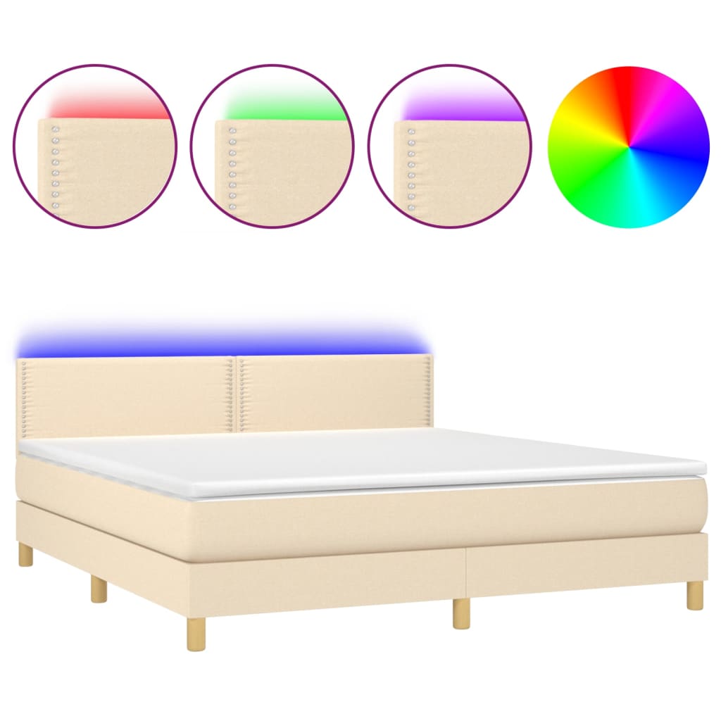 vidaXL Κρεβάτι Boxspring με Στρώμα & LED Κρεμ 180x200 εκ. Υφασμάτινο