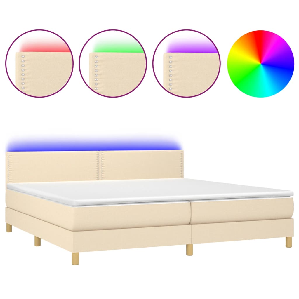 vidaXL Κρεβάτι Boxspring με Στρώμα & LED Κρεμ 200x200 εκ. Υφασμάτινο