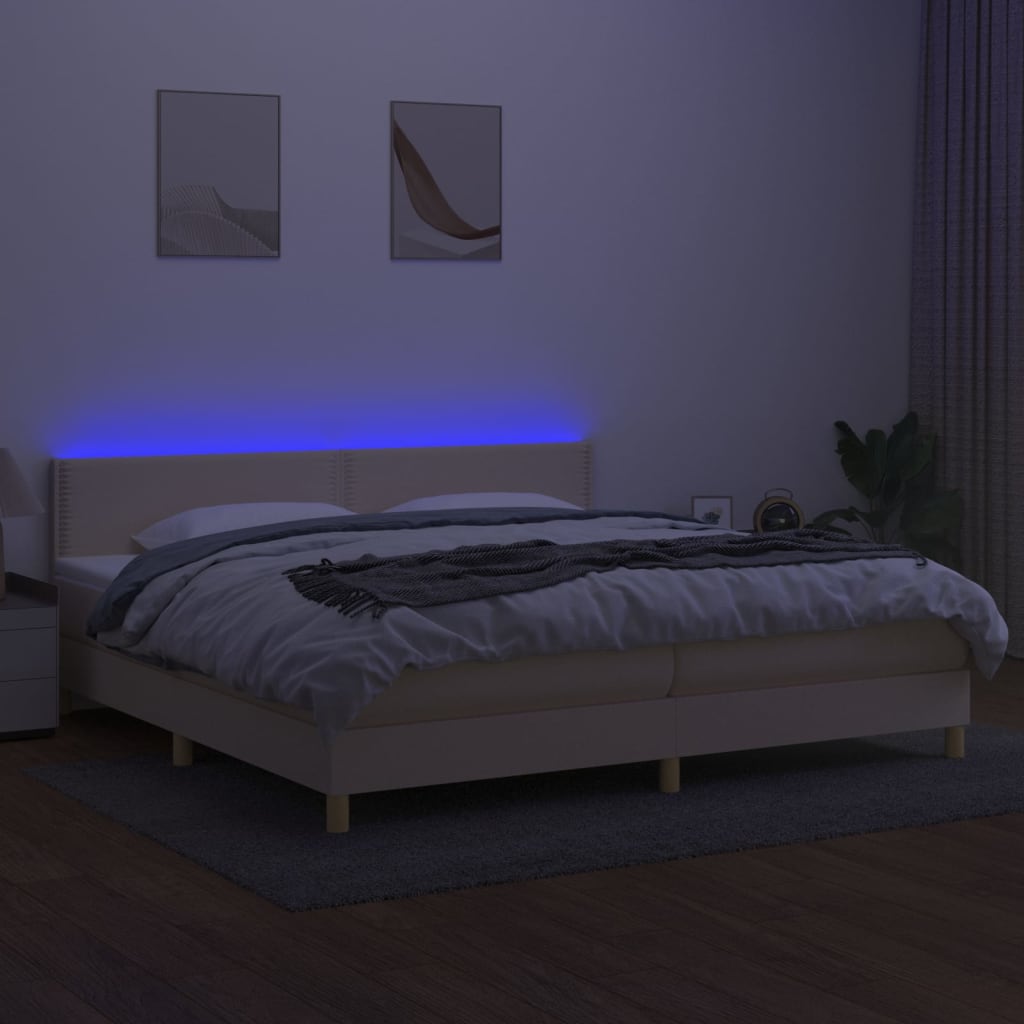 vidaXL Κρεβάτι Boxspring με Στρώμα & LED Κρεμ 200x200 εκ. Υφασμάτινο