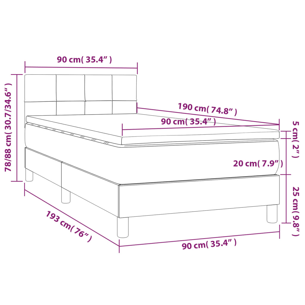 vidaXL Κρεβάτι Boxspring με Στρώμα & LED Taupe 90x190 εκ. Υφασμάτινο