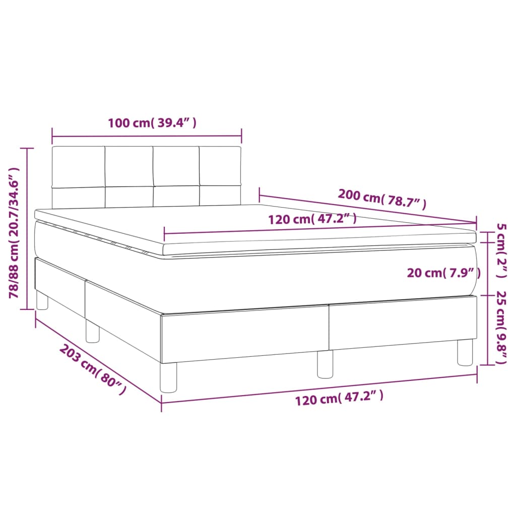 vidaXL Κρεβάτι Boxspring με Στρώμα & LED Κρεμ 120x200 εκ. Υφασμάτινο