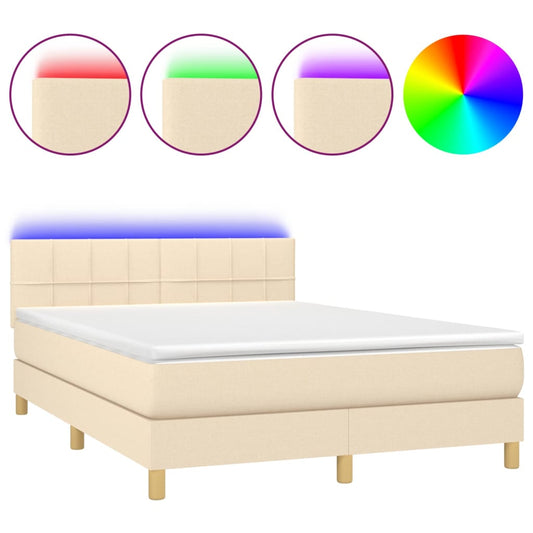 vidaXL Κρεβάτι Boxspring με Στρώμα & LED Κρεμ 140x200 εκ. Υφασμάτινο