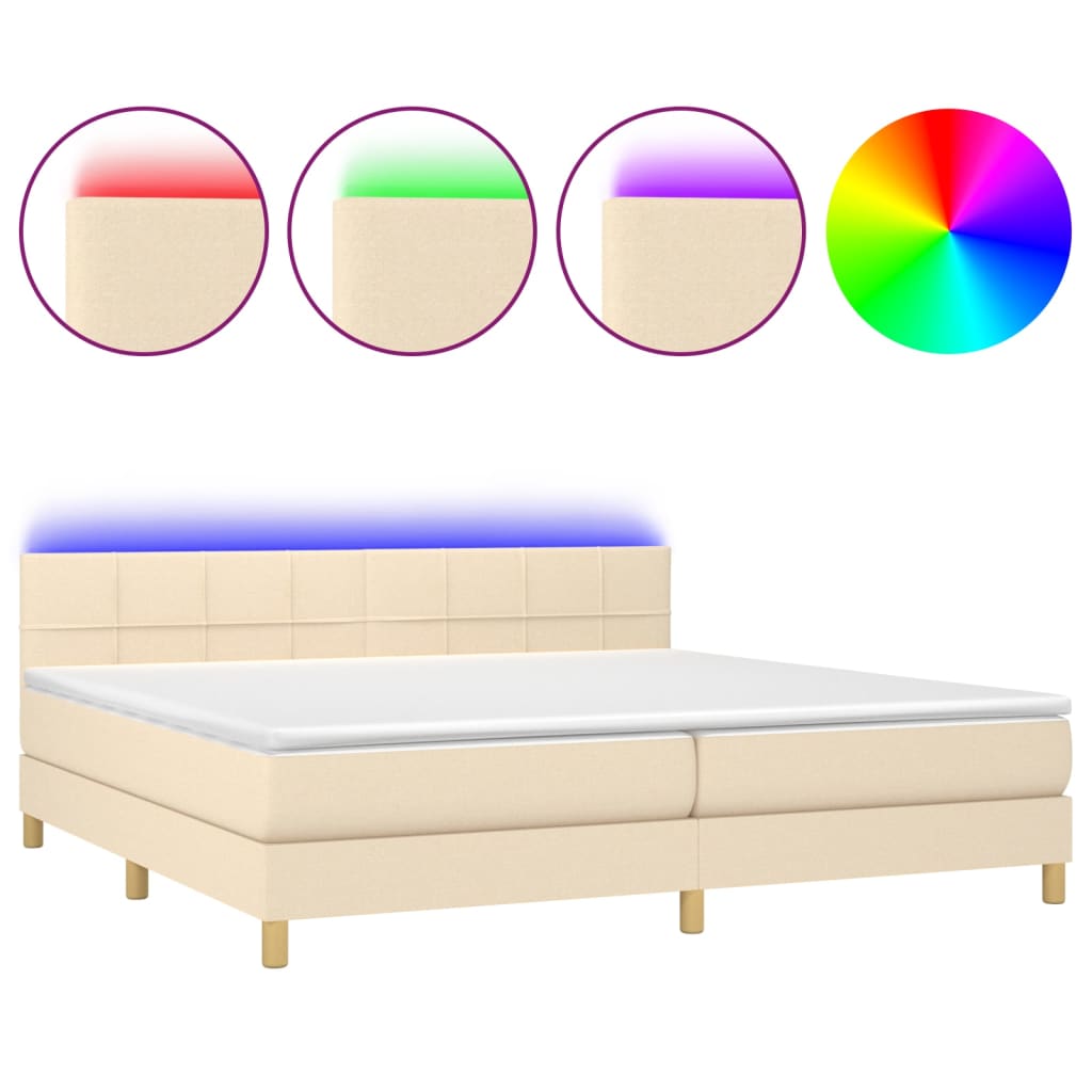 vidaXL Κρεβάτι Boxspring με Στρώμα & LED Κρεμ 200x200 εκ. Υφασμάτινο