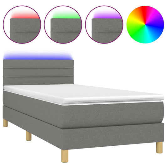 vidaXL Κρεβάτι Boxspring με Στρώμα & LED Σκ.Γκρι 80x200 εκ. Υφασμάτινο