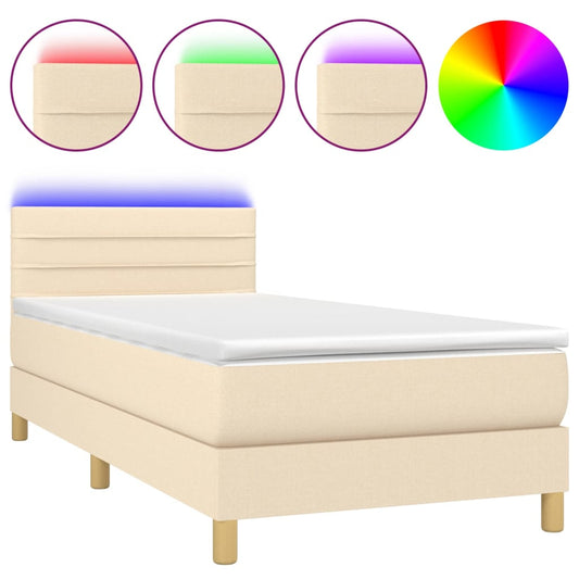 vidaXL Κρεβάτι Boxspring με Στρώμα & LED Κρεμ 90x200 εκ. Υφασμάτινο