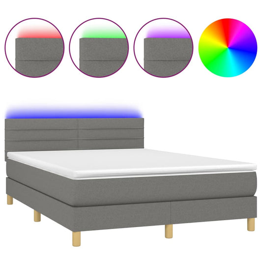 vidaXL Κρεβάτι Boxspring με Στρώμα & LED Σκ.Γκρι 140x190 εκ Υφασμάτινο