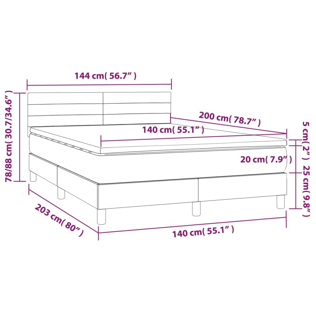 vidaXL Κρεβάτι Boxspring με Στρώμα & LED Αν.Γκρι 140x200 εκ Υφασμάτινο