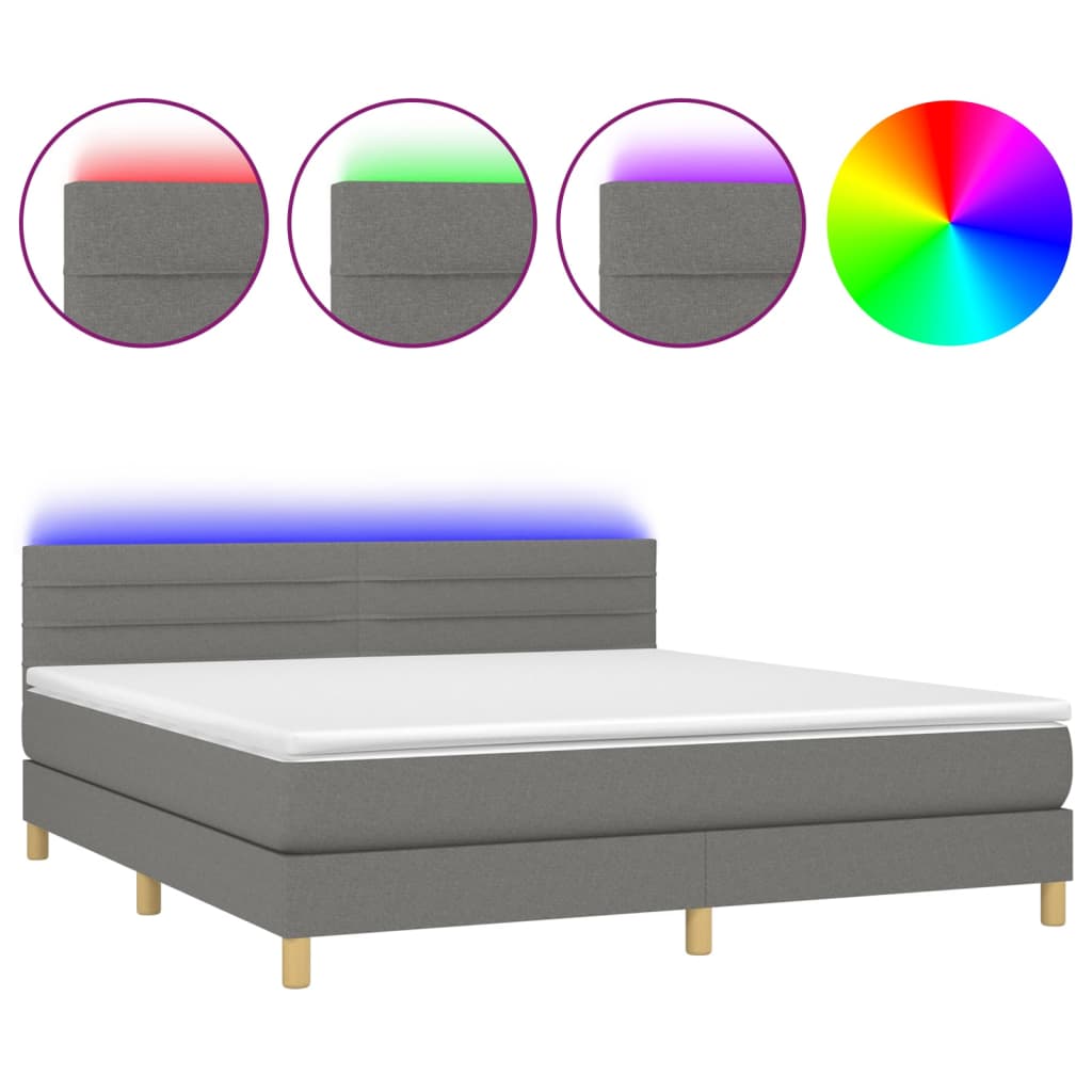 vidaXL Κρεβάτι Boxspring με Στρώμα & LED Σκ.Γκρι 180x200 εκ Υφασμάτινο