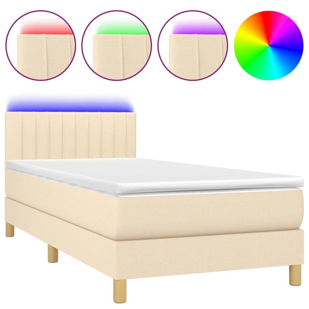 vidaXL Κρεβάτι Boxspring με Στρώμα & LED Κρεμ 100x200 εκ. Υφασμάτινο