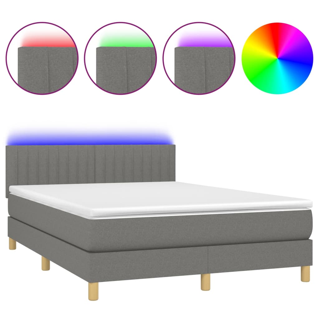vidaXL Κρεβάτι Boxspring με Στρώμα & LED Σκ.Γκρι 140x200 εκ Υφασμάτινο