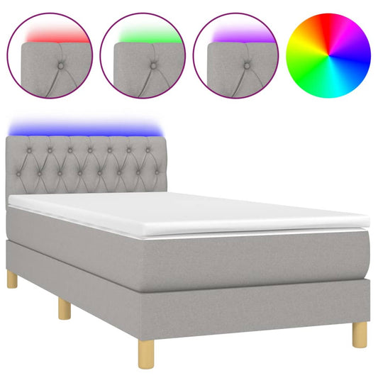 vidaXL Κρεβάτι Boxspring με Στρώμα & LED Αν.Γκρι 90x190 εκ. Υφασμάτινο