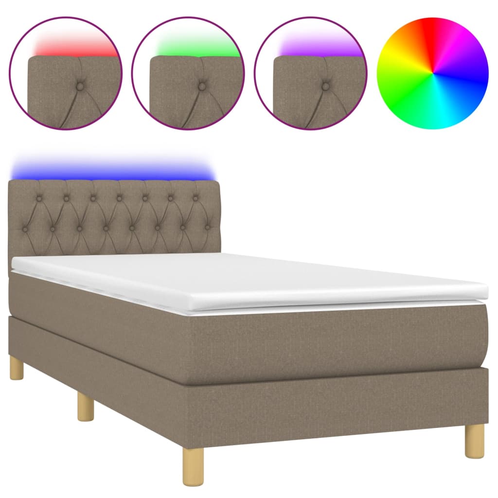 vidaXL Κρεβάτι Boxspring με Στρώμα & LED Taupe 90x200 εκ. Υφασμάτινο