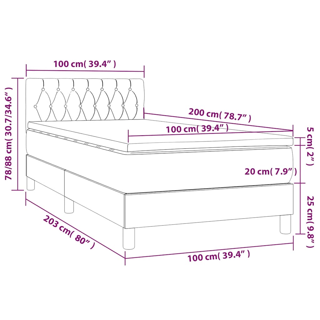 vidaXL Κρεβάτι Boxspring με Στρώμα & LED Μαύρο 100x200 εκ. Υφασμάτινο