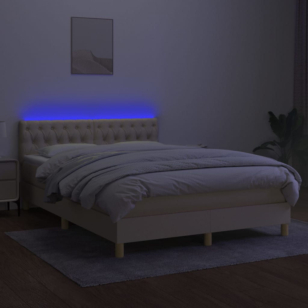 vidaXL Κρεβάτι Boxspring με Στρώμα & LED Κρεμ 140x190 εκ. Υφασμάτινο