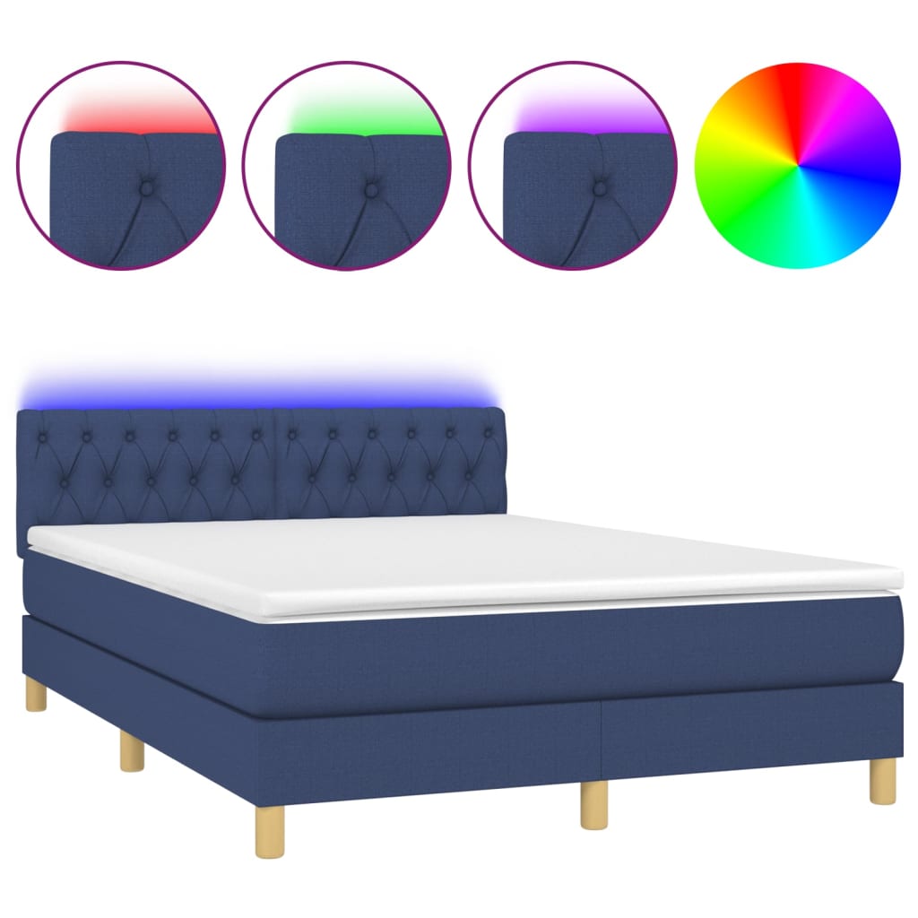 vidaXL Κρεβάτι Boxspring με Στρώμα & LED Μπλε 140x190 εκ. Υφασμάτινο