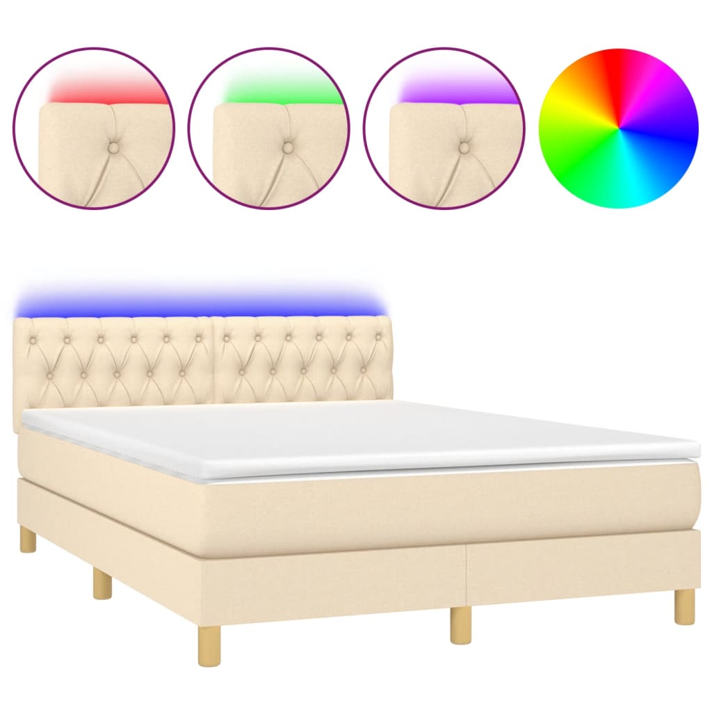 vidaXL Κρεβάτι Boxspring με Στρώμα & LED Κρεμ 140x200 εκ. Υφασμάτινο
