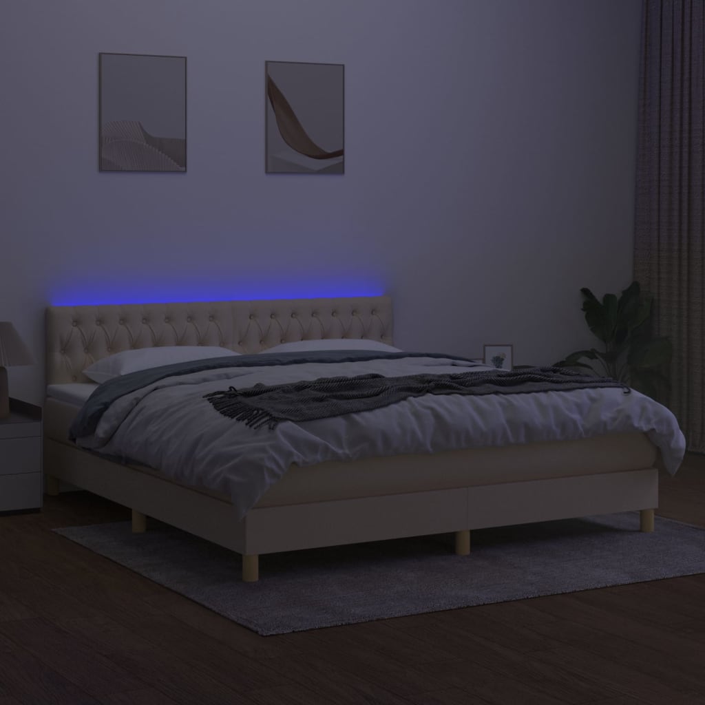 vidaXL Κρεβάτι Boxspring με Στρώμα & LED Κρεμ 160x200 εκ. Υφασμάτινο