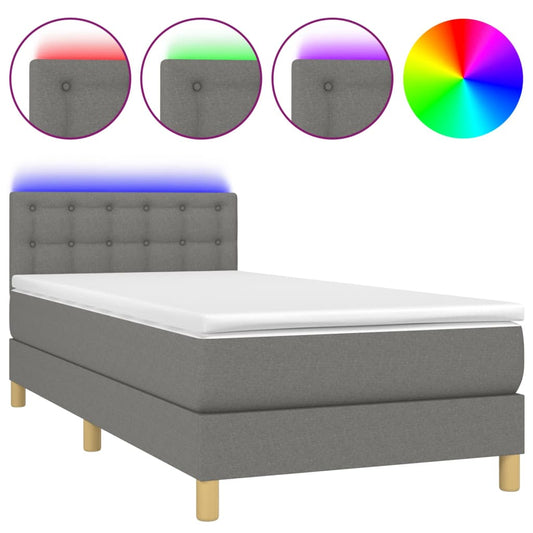 vidaXL Κρεβάτι Boxspring με Στρώμα & LED Σκ.Γκρι 90x190 εκ. Υφασμάτινο