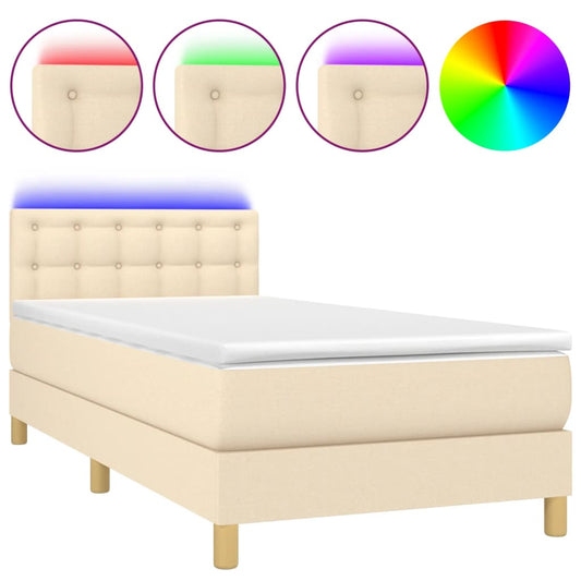 vidaXL Κρεβάτι Boxspring με Στρώμα & LED Κρεμ 90x190 εκ. Υφασμάτινο