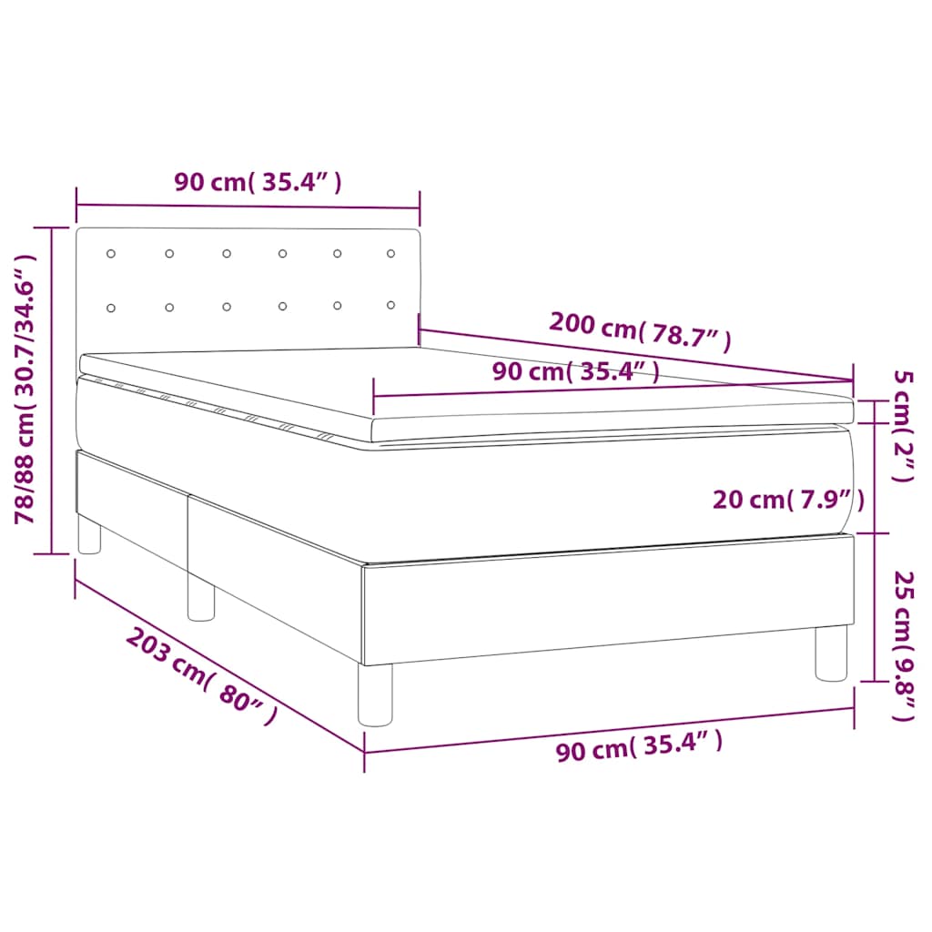 vidaXL Κρεβάτι Boxspring με Στρώμα & LED Μαύρο 90x200 εκ. Υφασμάτινο