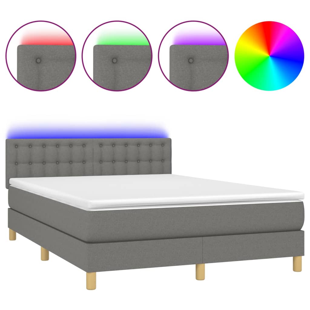 vidaXL Κρεβάτι Boxspring με Στρώμα & LED Σκ.Γκρι 140x190 εκ Υφασμάτινο