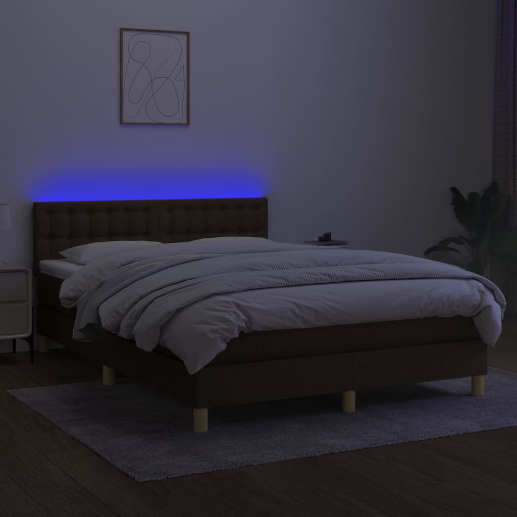 vidaXL Κρεβάτι Boxspring με Στρώμα & LED Σκ.Καφέ 140x190 εκ Υφασμάτινο
