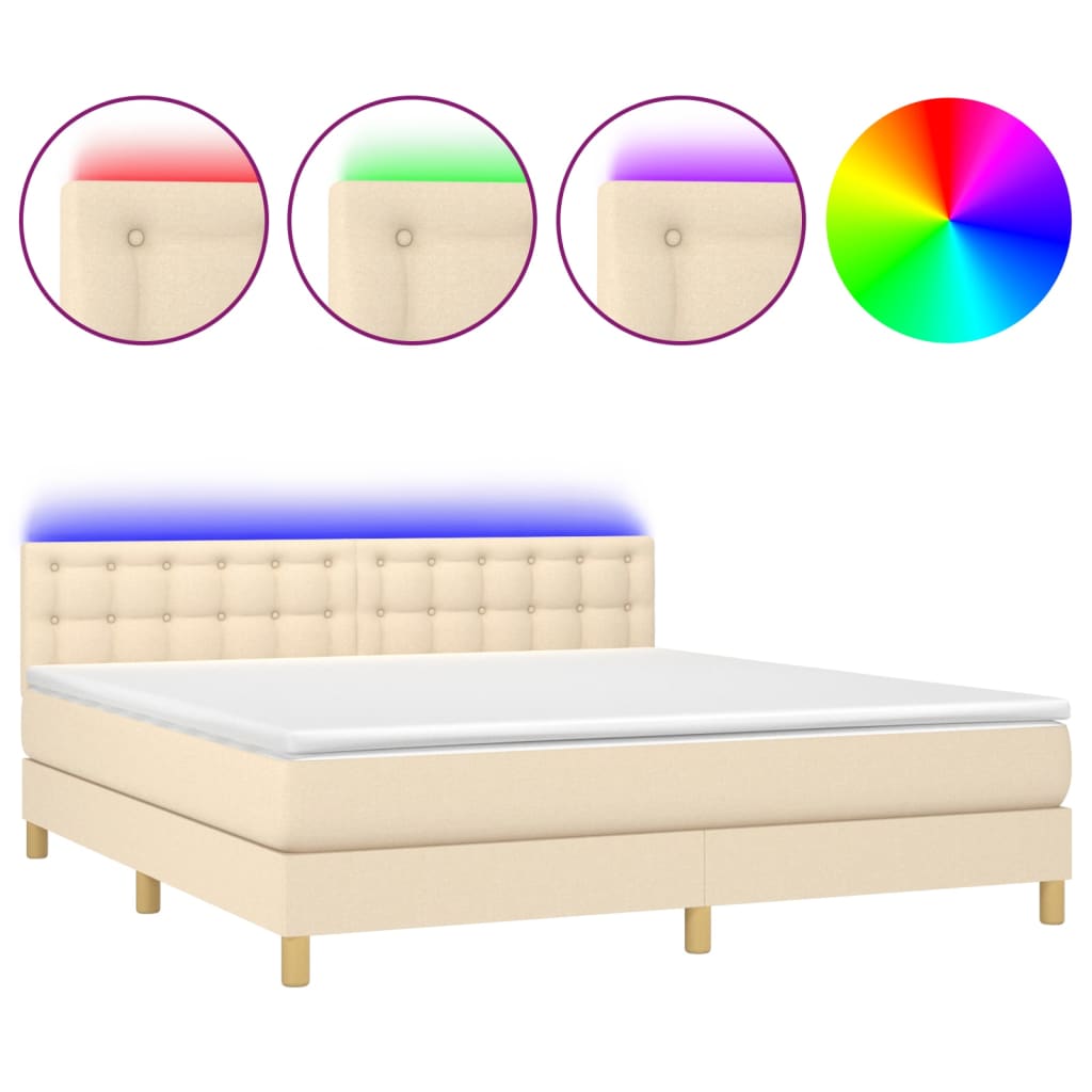 vidaXL Κρεβάτι Boxspring με Στρώμα & LED Κρεμ 180x200 εκ. Υφασμάτινο