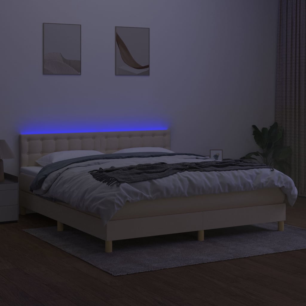 vidaXL Κρεβάτι Boxspring με Στρώμα & LED Κρεμ 180x200 εκ. Υφασμάτινο