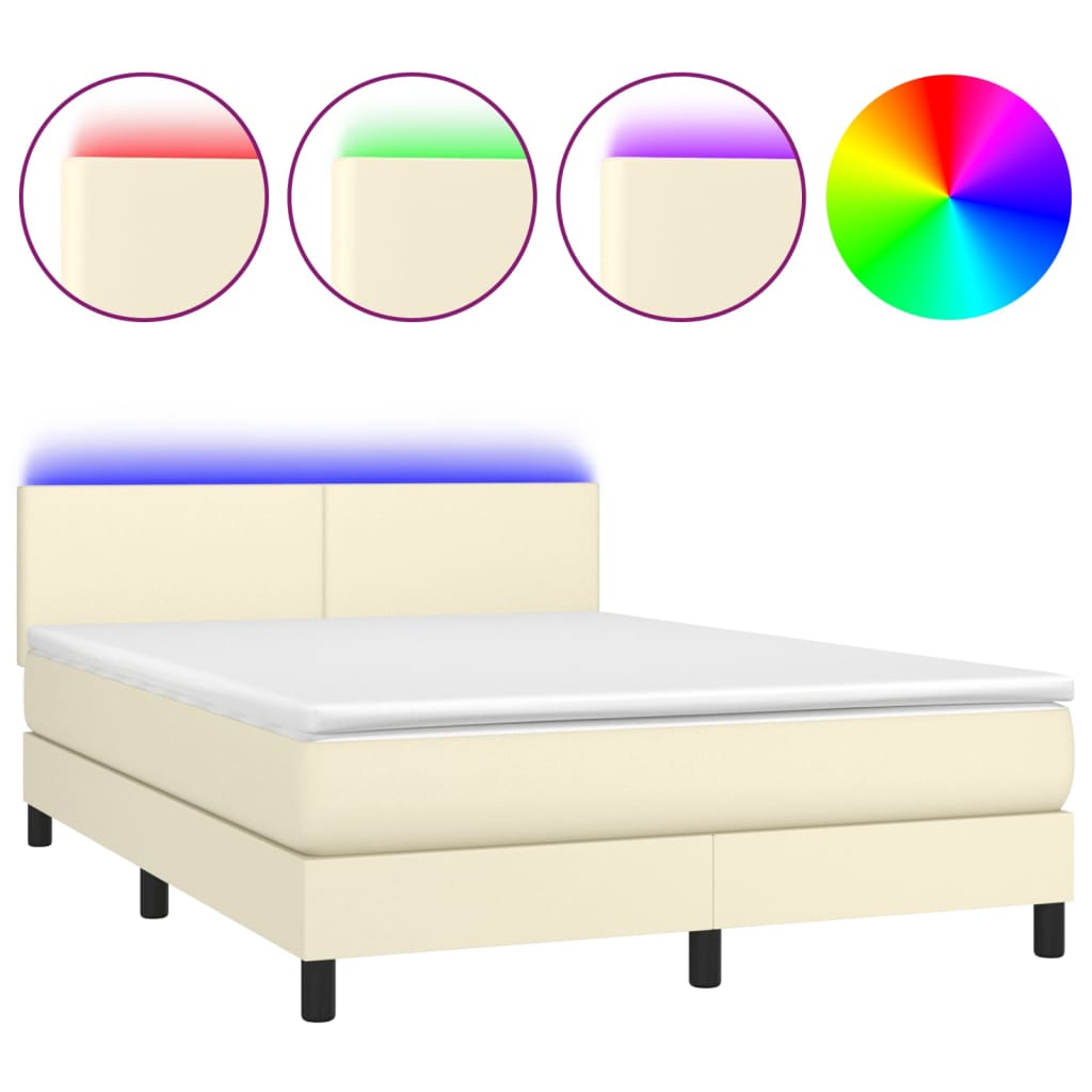 vidaXL Κρεβάτι Boxspring με Στρώμα & LED Κρεμ 140x200 εκ. Συνθ. Δέρμα