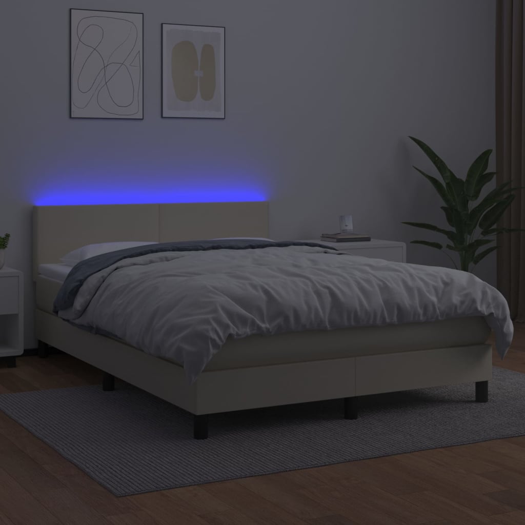 vidaXL Κρεβάτι Boxspring με Στρώμα & LED Κρεμ 140x200 εκ. Συνθ. Δέρμα