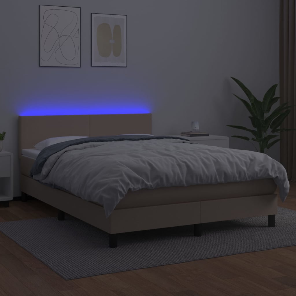 vidaXL Κρεβάτι Boxspring Στρώμα&LED Καπουτσίνο 140x200 εκ. Συνθ. Δέρμα