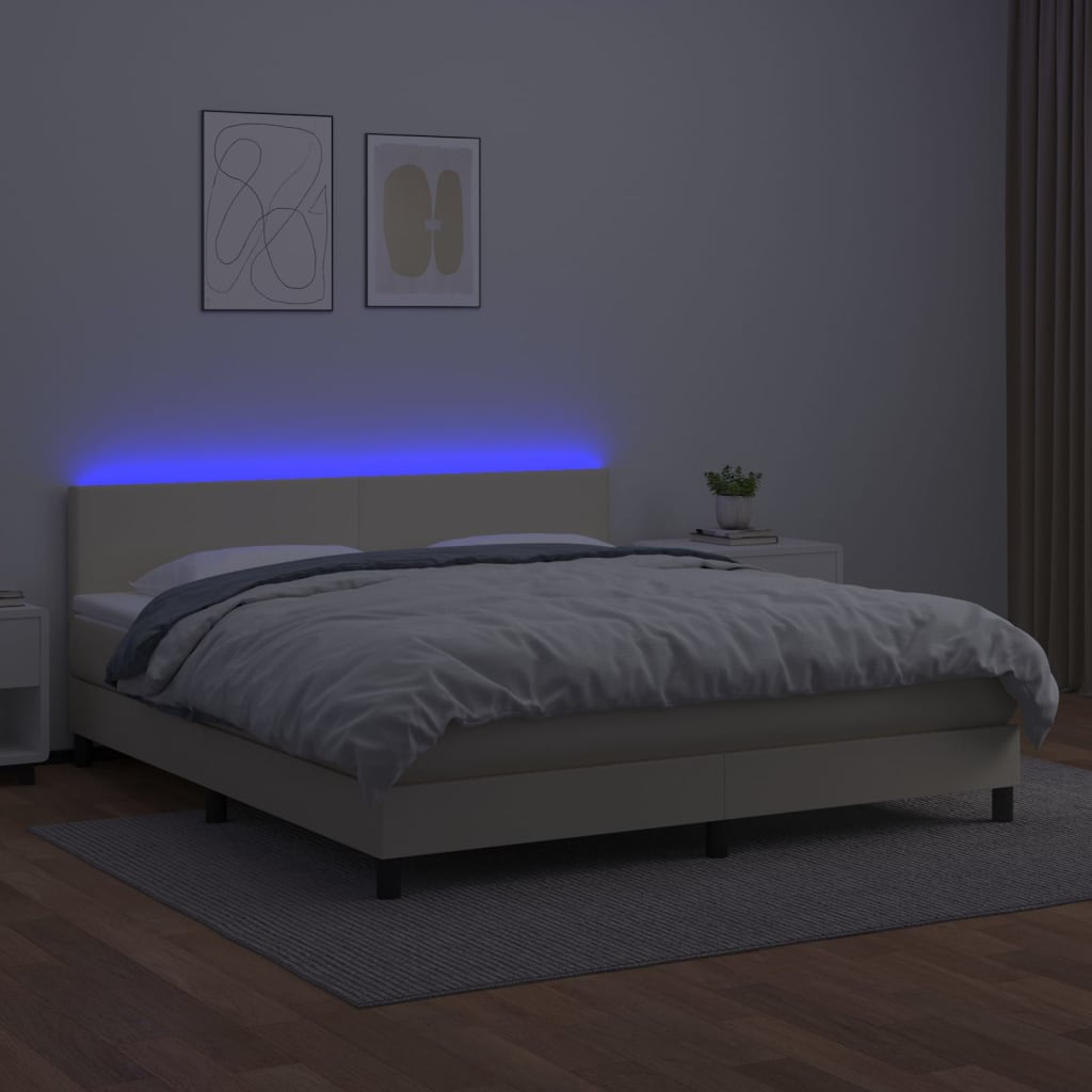 vidaXL Κρεβάτι Boxspring με Στρώμα & LED Κρεμ 180x200 εκ. Συνθ. Δέρμα