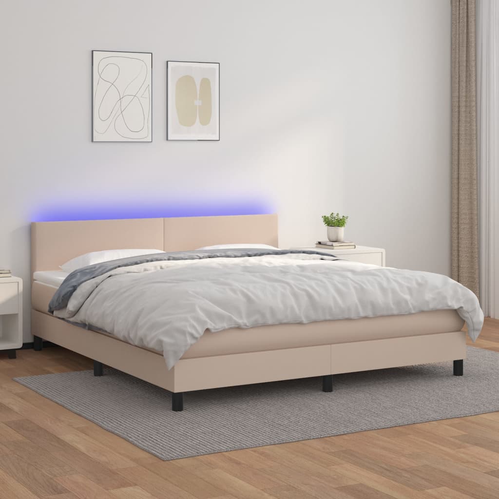 vidaXL Κρεβάτι Boxspring Στρώμα&LED Καπουτσίνο 180x200 εκ. Συνθ. Δέρμα