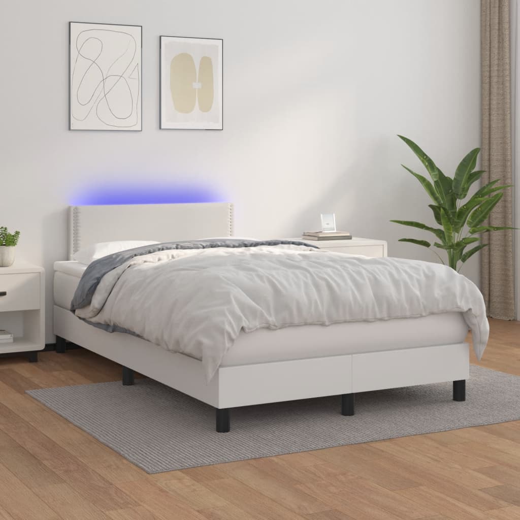 vidaXL Κρεβάτι Boxspring με Στρώμα & LED Λευκό 120x200 εκ. Συνθ. Δέρμα
