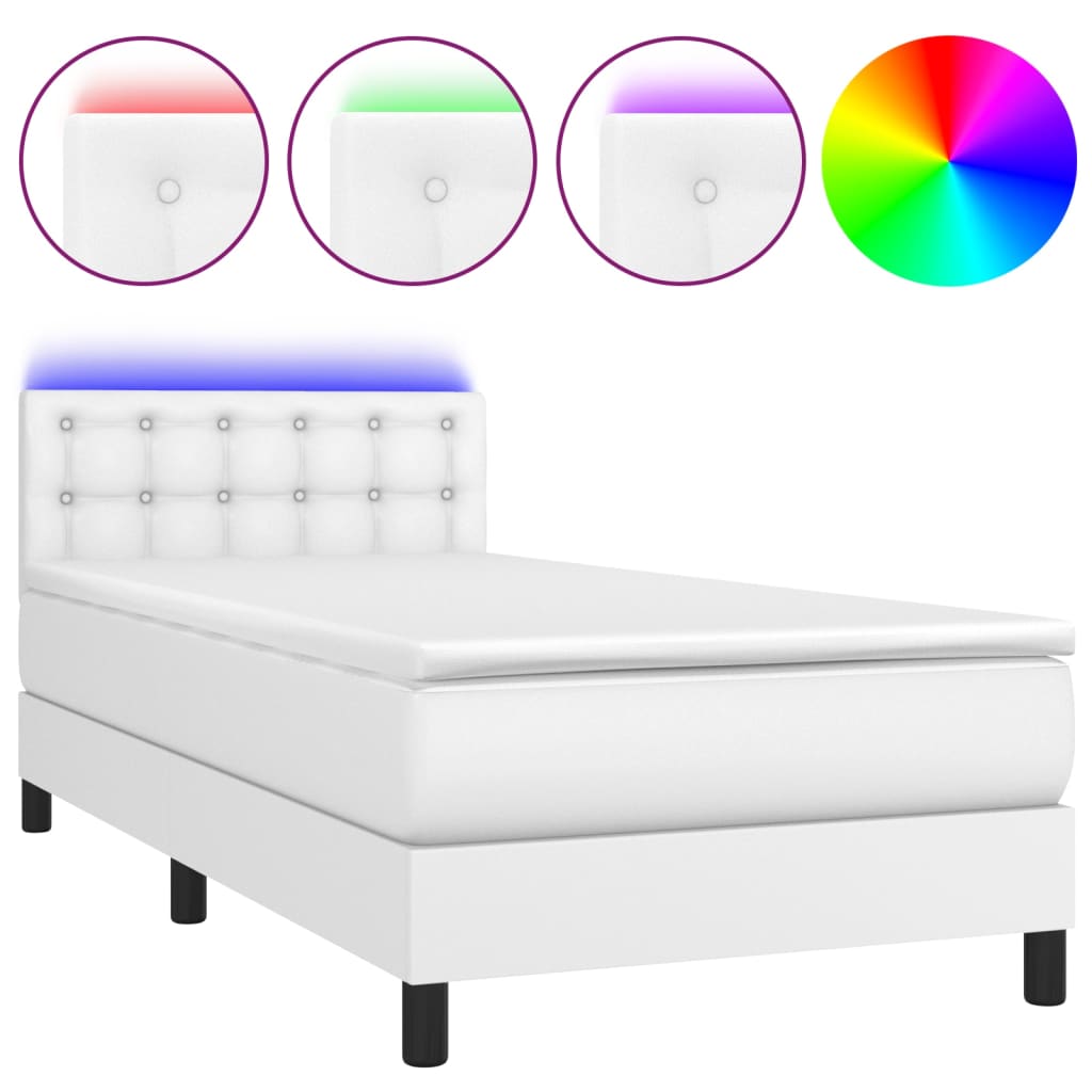vidaXL Κρεβάτι Boxspring με Στρώμα & LED Λευκό 90x190 εκ. Συνθ. Δέρμα