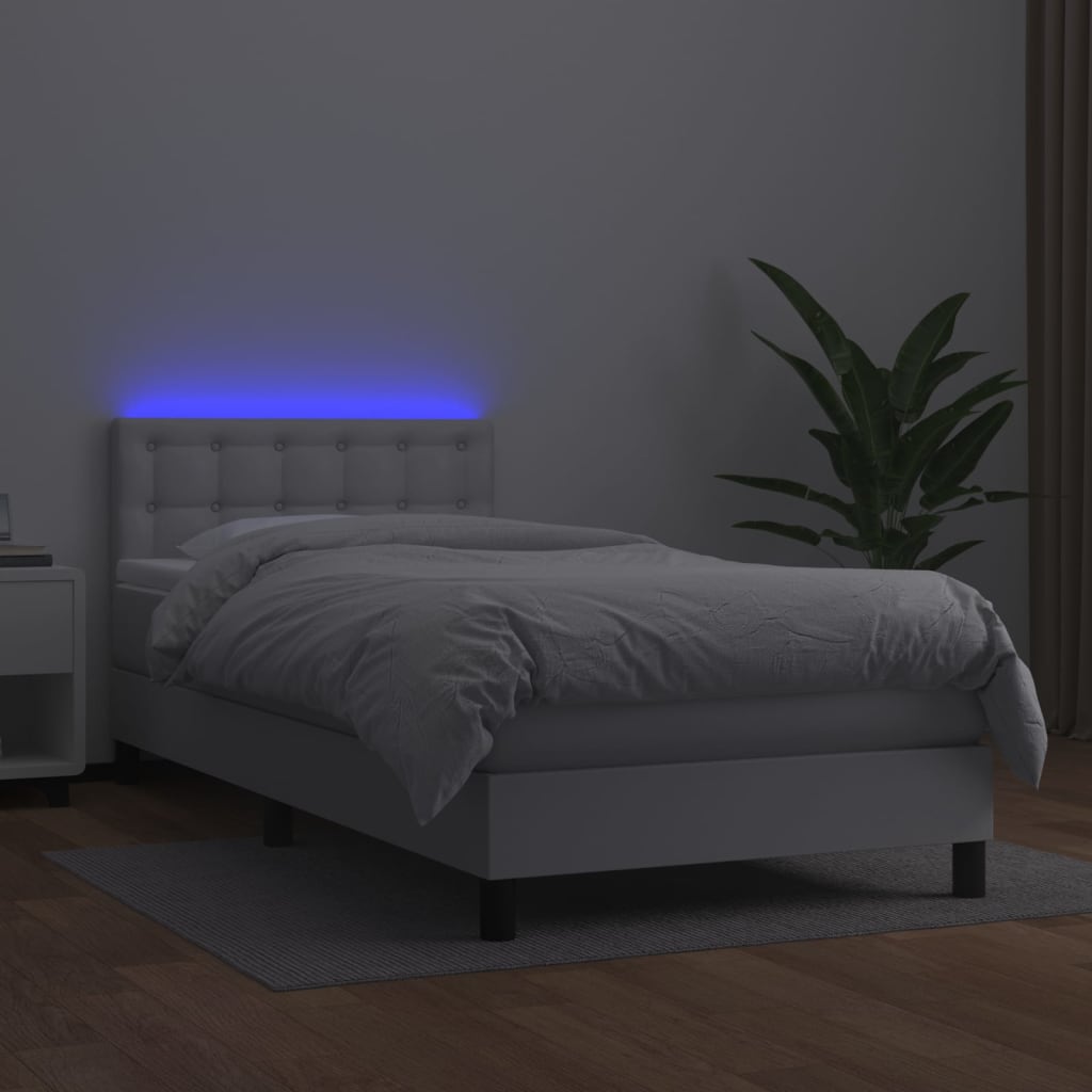 vidaXL Κρεβάτι Boxspring με Στρώμα & LED Λευκό 90x190 εκ. Συνθ. Δέρμα