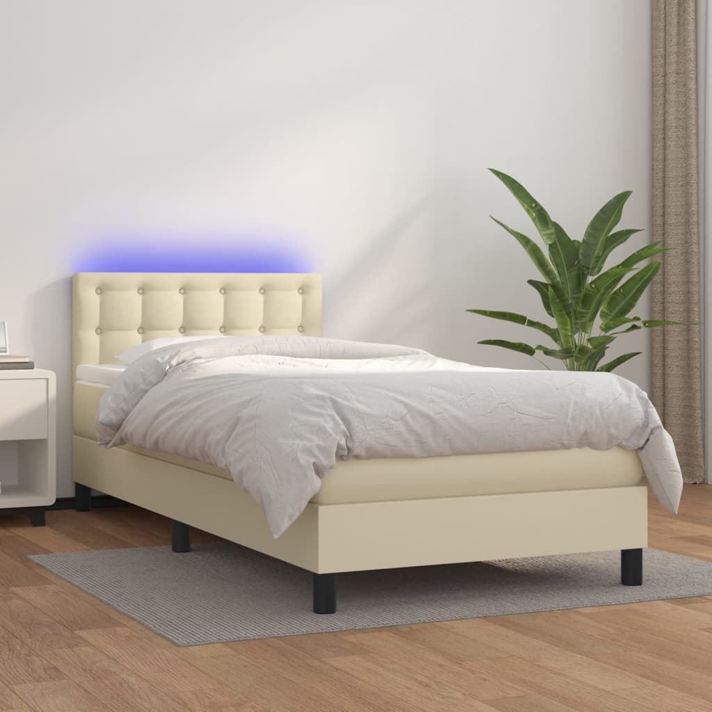 vidaXL Κρεβάτι Boxspring με Στρώμα & LED Κρεμ 90x190 εκ. Συνθ. Δέρμα