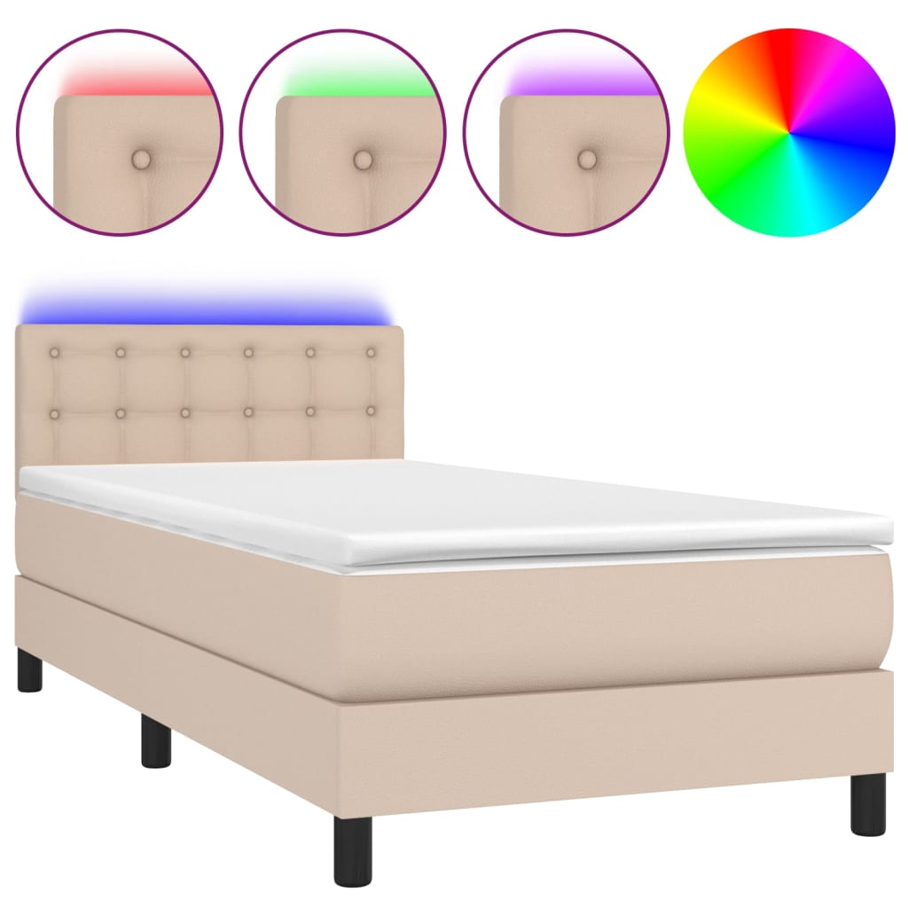 vidaXL Κρεβάτι Boxspring Στρώμα&LED Καπουτσίνο 90x190 εκ. Συνθ. Δέρμα