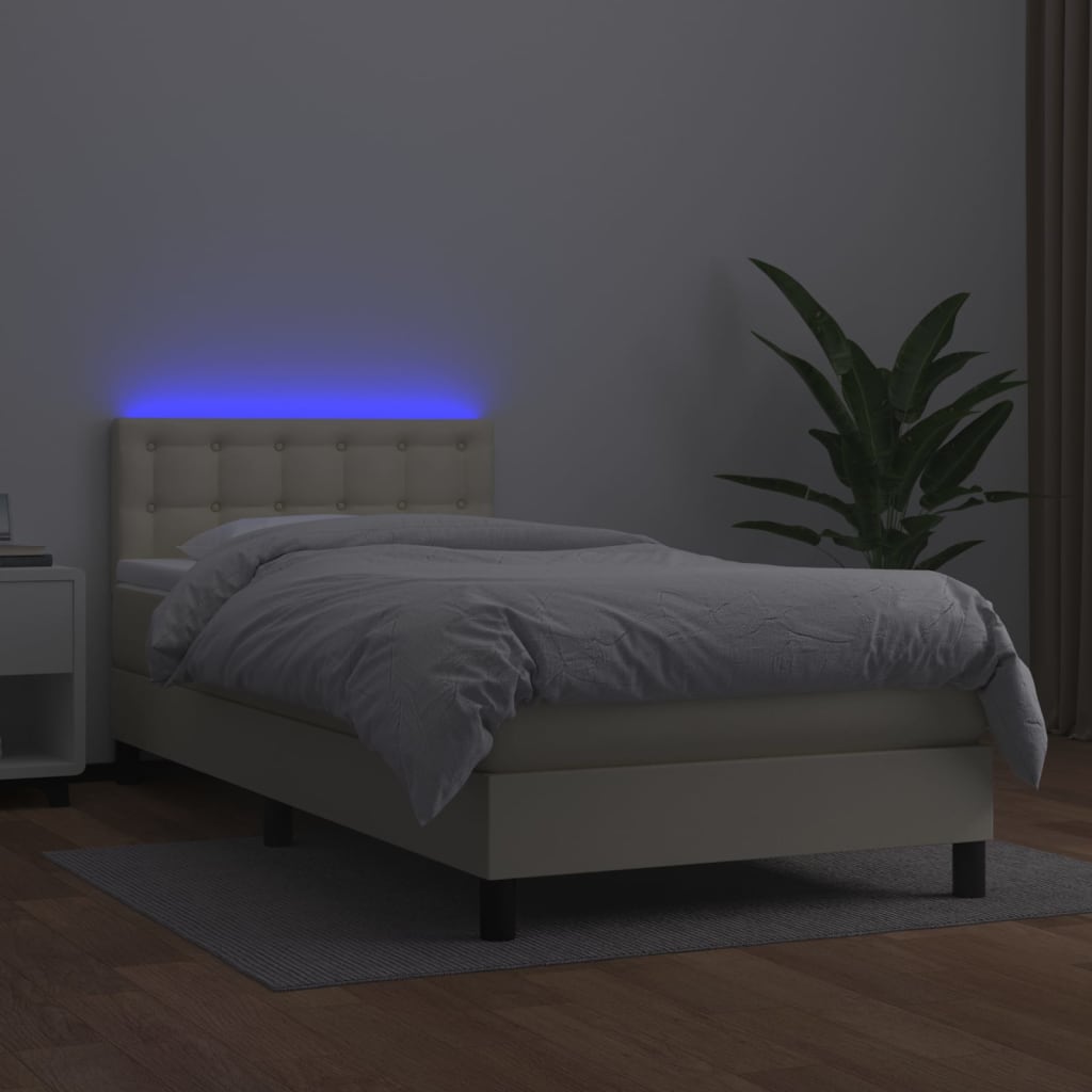 vidaXL Κρεβάτι Boxspring με Στρώμα & LED Κρεμ 90x200 εκ. Συνθ. Δέρμα