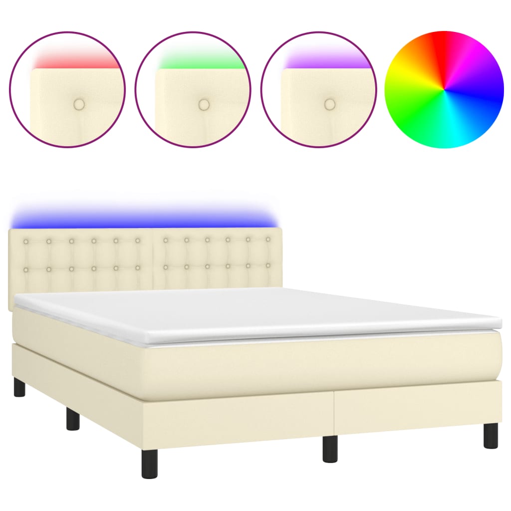 vidaXL Κρεβάτι Boxspring με Στρώμα & LED Κρεμ 140x200 εκ. Συνθ. Δέρμα