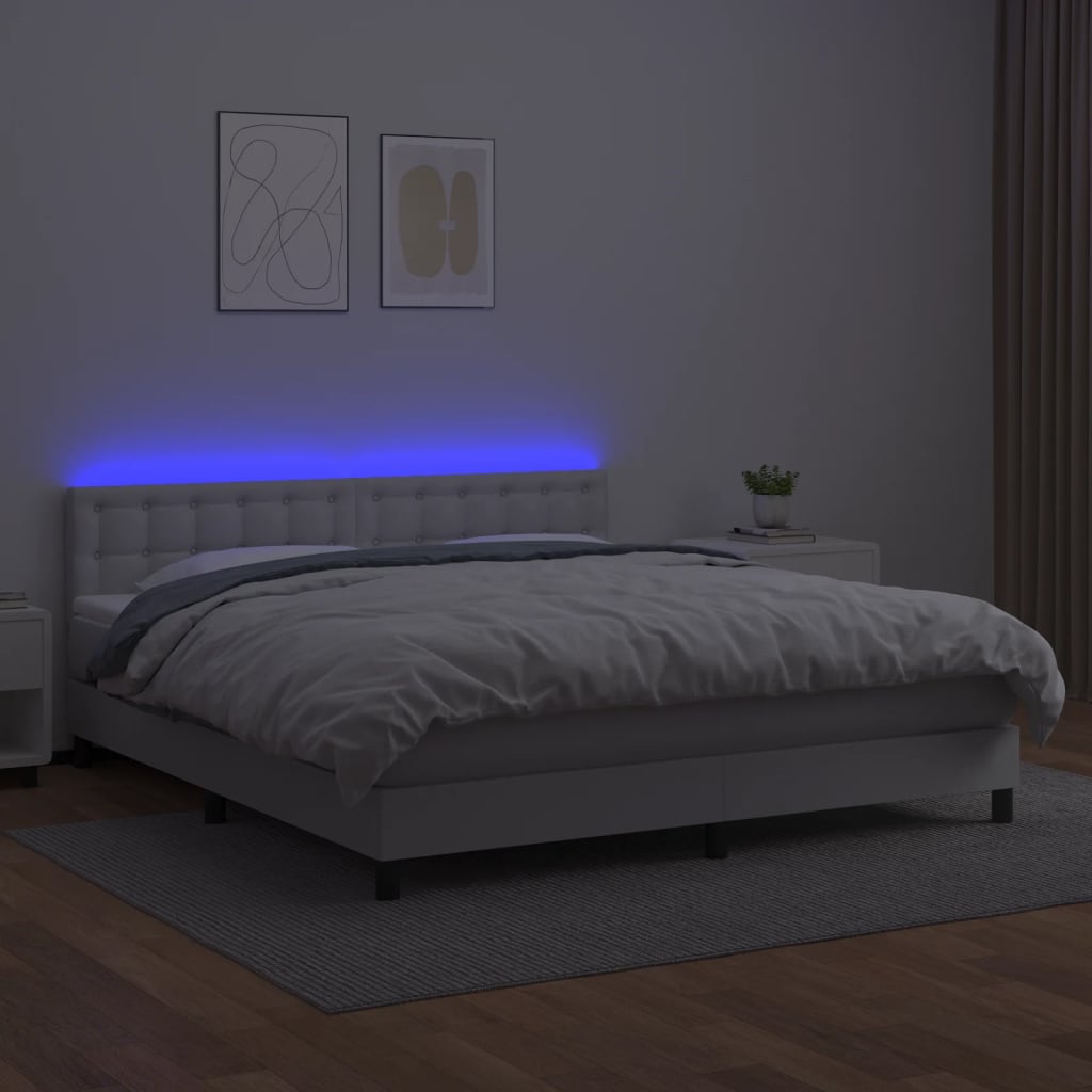vidaXL Κρεβάτι Boxspring με Στρώμα & LED Λευκό 160x200 εκ. Συνθ. Δέρμα
