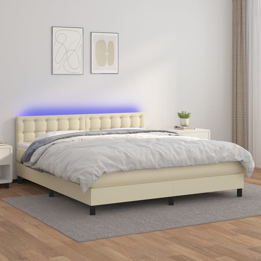 vidaXL Κρεβάτι Boxspring με Στρώμα & LED Κρεμ 180x200 εκ. Συνθ. Δέρμα